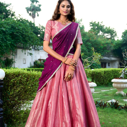 Lorenvalley Pink Kanchipuram Zari Weaving Work Lehenga Choli with Dupatta