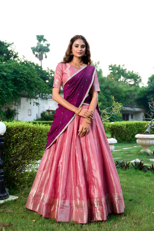 Lorenvalley Pink Kanchipuram Zari Weaving Work Lehenga Choli with Dupatta