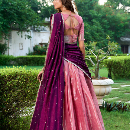Lorenvalley Pink Kanchipuram Zari Weaving Work Lehenga Choli with Dupatta