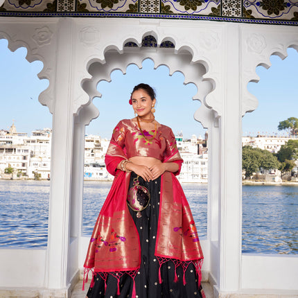Lorenvalley Black Jacquard Silk Paithani Weaving Zari Work with Lace Touch Up Lehenga Choli with Dupatta
