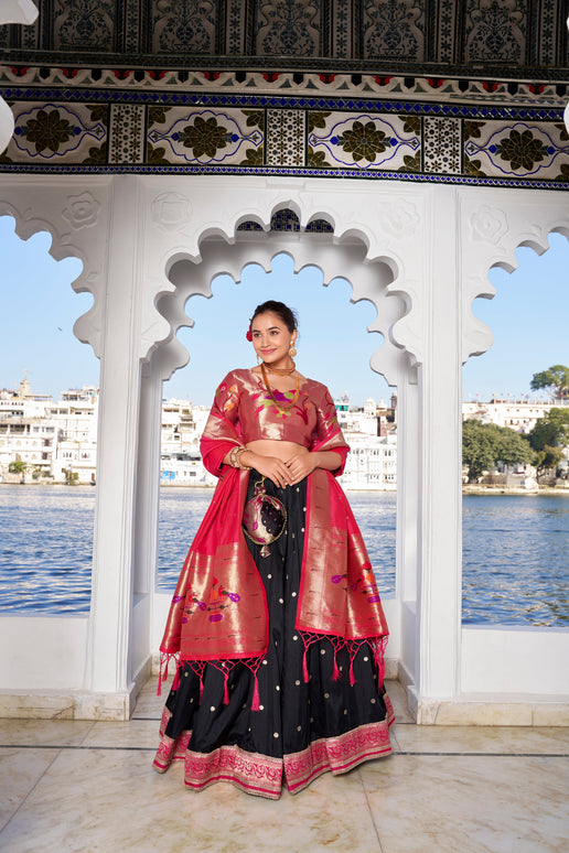 Lorenvalley Black Jacquard Silk Paithani Weaving Zari Work with Lace Touch Up Lehenga Choli with Dupatta