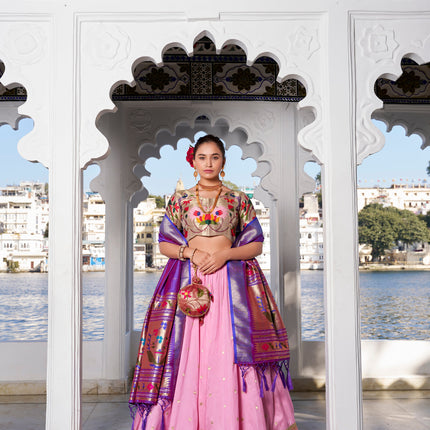 Lorenvalley Pink Jacquard Silk Paithani Weaving Zari Work with Lace Touch Up Lehenga Choli with Dupatta