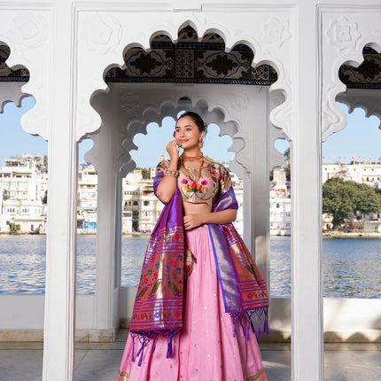 Lorenvalley Pink Jacquard Silk Paithani Weaving Zari Work with Lace Touch Up Lehenga Choli with Dupatta