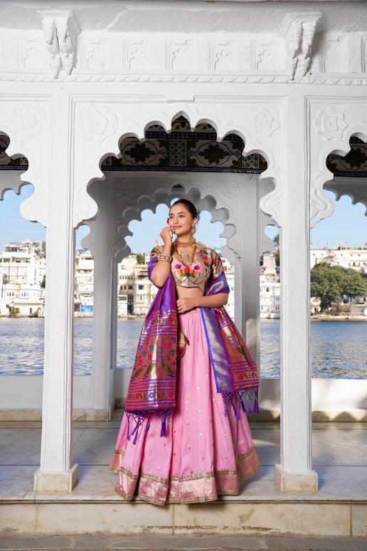 Lorenvalley Pink Jacquard Silk Paithani Weaving Zari Work with Lace Touch Up Lehenga Choli with Dupatta