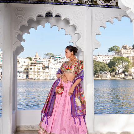 Lorenvalley Pink Jacquard Silk Paithani Weaving Zari Work with Lace Touch Up Lehenga Choli with Dupatta