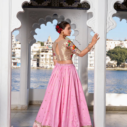 Lorenvalley Pink Jacquard Silk Paithani Weaving Zari Work with Lace Touch Up Lehenga Choli with Dupatta