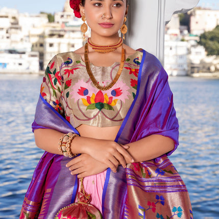 Lorenvalley Pink Jacquard Silk Paithani Weaving Zari Work with Lace Touch Up Lehenga Choli with Dupatta