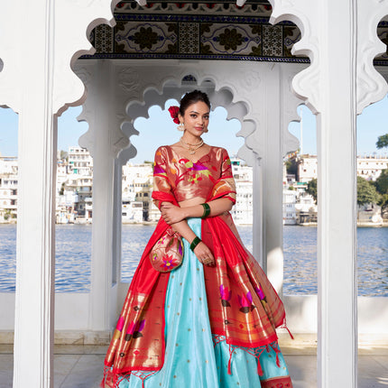 Lorenvalley Sky Blue Jacquard Silk Paithani Weaving Zari Work with Lace Touch Up Lehenga Choli with Dupatta