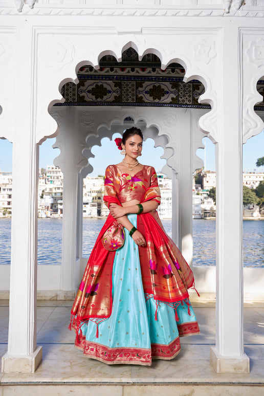 Lorenvalley Sky Blue Jacquard Silk Paithani Weaving Zari Work with Lace Touch Up Lehenga Choli with Dupatta