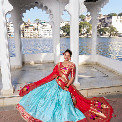 Lorenvalley Sky Blue Jacquard Silk Paithani Weaving Zari Work with Lace Touch Up Lehenga Choli with Dupatta