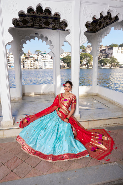Lorenvalley Sky Blue Jacquard Silk Paithani Weaving Zari Work with Lace Touch Up Lehenga Choli with Dupatta