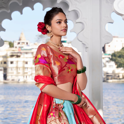 Lorenvalley Sky Blue Jacquard Silk Paithani Weaving Zari Work with Lace Touch Up Lehenga Choli with Dupatta