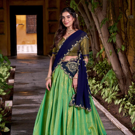 Lorenvalley Fashion Seagreen Kanchipuram Zari Weaving Work Lehenga Choli with Dupatta