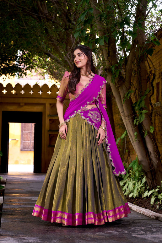 Lorenvalley Fashion Mahendi Kanchipuram Zari Weaving Work Lehenga Choli with Dupatta