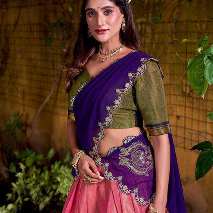 Lorenvalley Fashion Pink Kanchipuram Zari Weaving Work Lehenga Choli with Dupatta