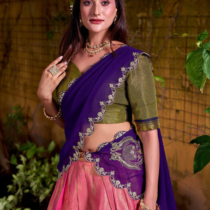 Lorenvalley Fashion Pink Kanchipuram Zari Weaving Work Lehenga Choli with Dupatta