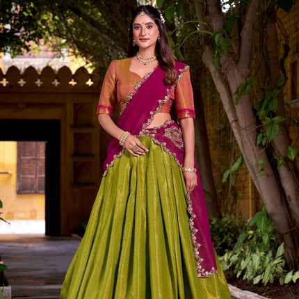 Lorenvalley Fashion Pista Kanchipuram Zari Weaving Work Lehenga Choli with Dupatta