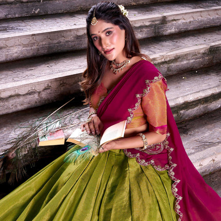 Lorenvalley Fashion Pista Kanchipuram Zari Weaving Work Lehenga Choli with Dupatta
