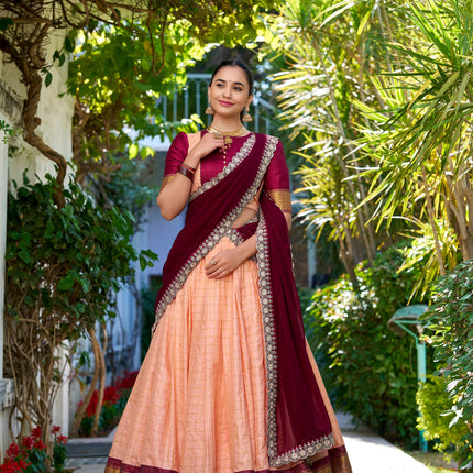 Lorenvalley Peach Zari Chex with Zari Weaving Work Lehenga Choli with Dupatta