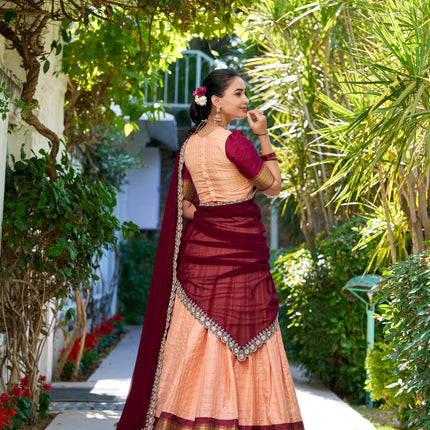 Lorenvalley Peach Zari Chex with Zari Weaving Work Lehenga Choli with Dupatta