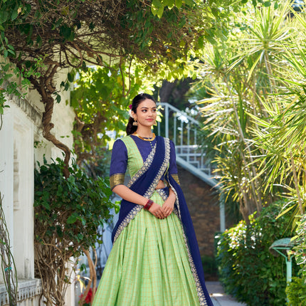 Lorenvalley Pista Zari Chex with Zari Weaving Work Lehenga Choli with Dupatta