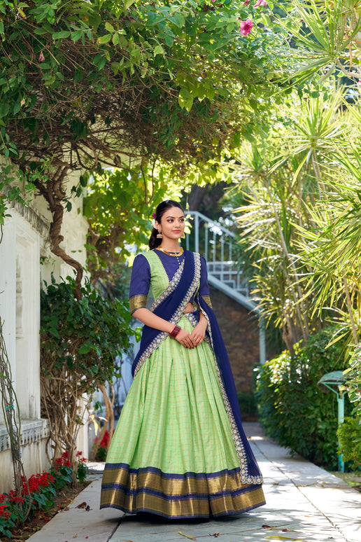 Lorenvalley Pista Zari Chex with Zari Weaving Work Lehenga Choli with Dupatta