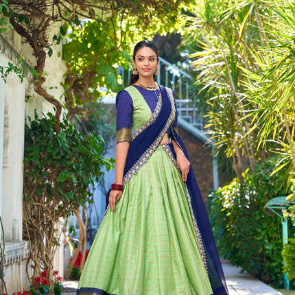 Lorenvalley Pista Zari Chex with Zari Weaving Work Lehenga Choli with Dupatta