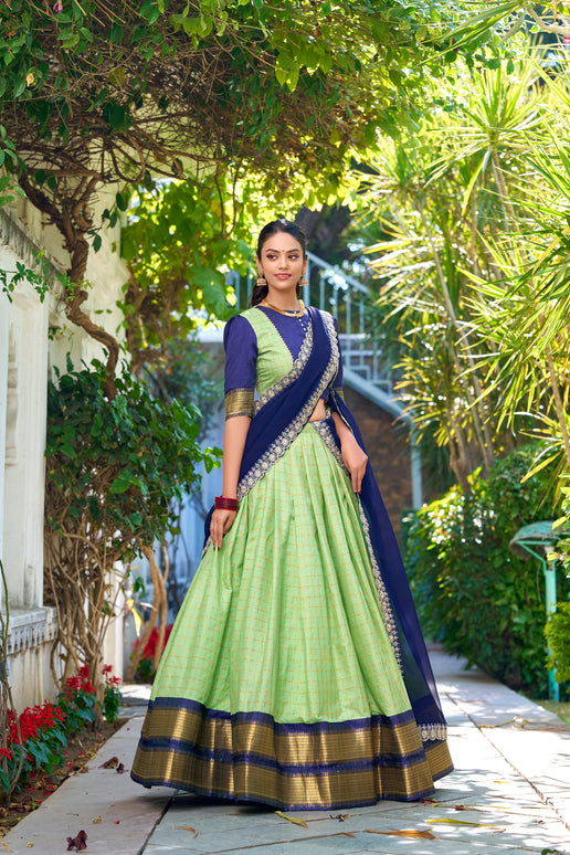 Lorenvalley Pista Zari Chex with Zari Weaving Work Lehenga Choli with Dupatta