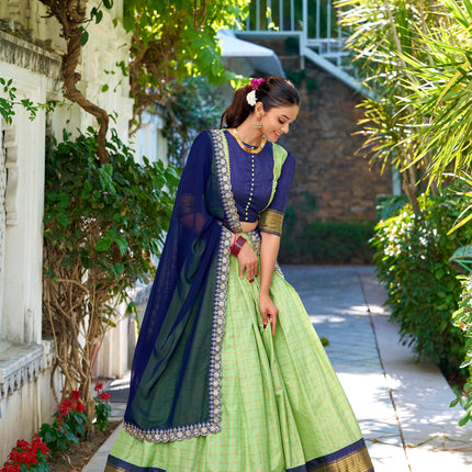 Lorenvalley Pista Zari Chex with Zari Weaving Work Lehenga Choli with Dupatta