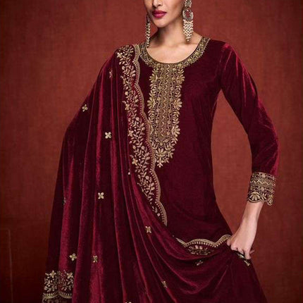 Lorenvalley Fashion Women Maroon Velvet Embroidered Salwar Suit Material