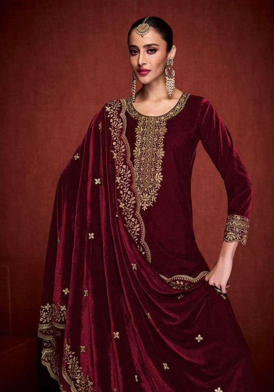 Lorenvalley Fashion Women Maroon Velvet Embroidered Salwar Suit Material