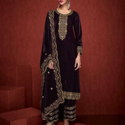 Lorenvalley Fashion Women Purple Velvet Embroidered Salwar Suit Material