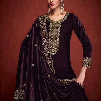 Lorenvalley Fashion Women Purple Velvet Embroidered Salwar Suit Material