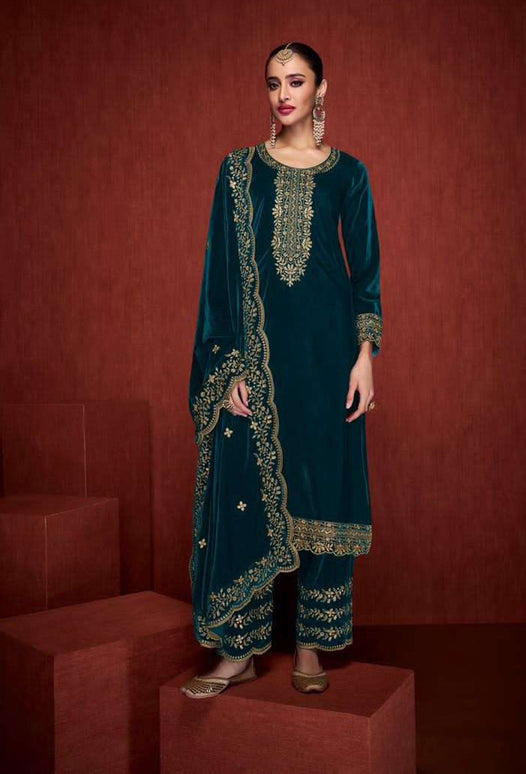 Lorenvalley Fashion Women Rama Velvet Embroidered Salwar Suit Material