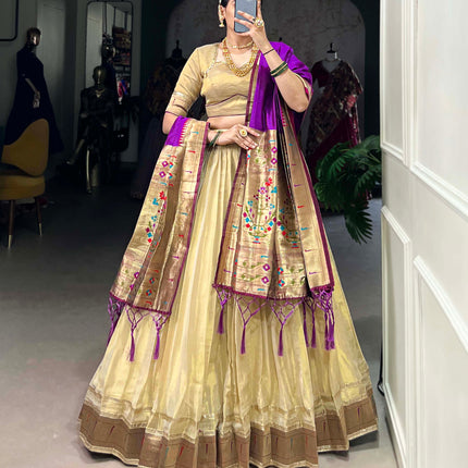 Lorenvalley Cream Erode Plain With Paithani Lace Border Lehenga Choli with Dupatta