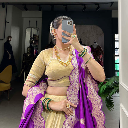 Lorenvalley Cream Erode Plain With Paithani Lace Border Lehenga Choli with Dupatta