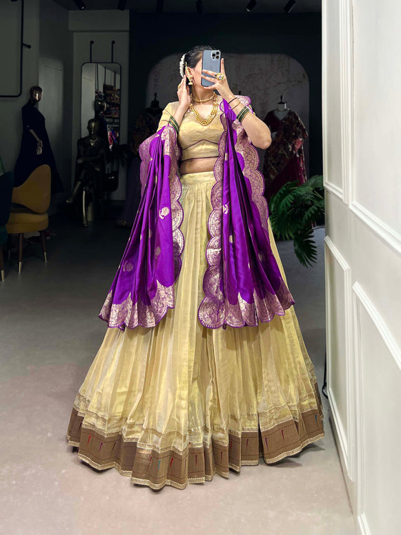 Lorenvalley Cream Erode Plain With Paithani Lace Border Lehenga Choli with Dupatta