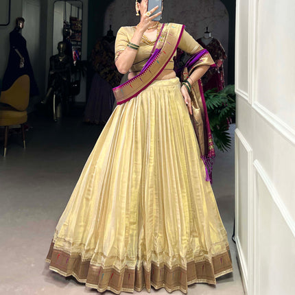 Lorenvalley Cream Erode Plain With Paithani Lace Border Lehenga Choli with Dupatta