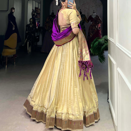 Lorenvalley Cream Erode Plain With Paithani Lace Border Lehenga Choli with Dupatta