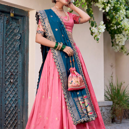 Lorenvalley Light Pink Jacquard Silk Paithani Zari Weaving Work With Sequins and Thread Embroidery Scallop Lace Border Lehenga Choli with Dupatta