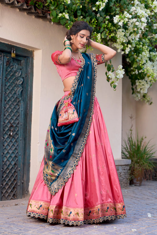 Lorenvalley Light Pink Jacquard Silk Paithani Zari Weaving Work With Sequins and Thread Embroidery Scallop Lace Border Lehenga Choli with Dupatta