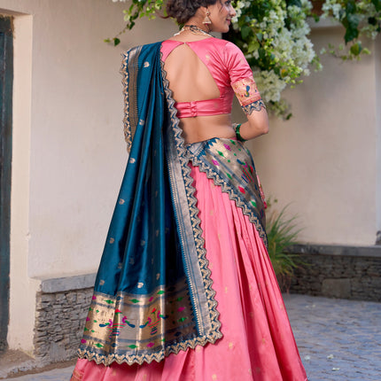 Lorenvalley Light Pink Jacquard Silk Paithani Zari Weaving Work With Sequins and Thread Embroidery Scallop Lace Border Lehenga Choli with Dupatta
