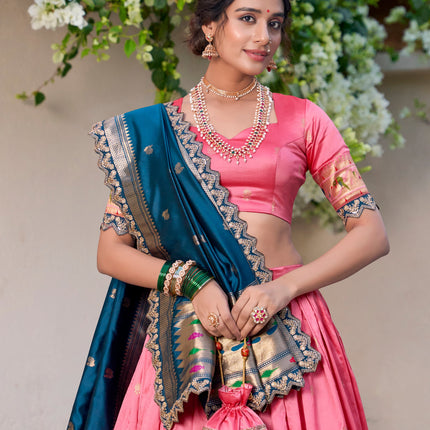Lorenvalley Light Pink Jacquard Silk Paithani Zari Weaving Work With Sequins and Thread Embroidery Scallop Lace Border Lehenga Choli with Dupatta