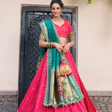 Lorenvalley Pink Jacquard Silk Paithani Zari Weaving Work With Sequins and Thread Embroidery Scallop Lace Border Lehenga Choli with Dupatta