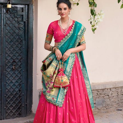 Lorenvalley Pink Jacquard Silk Paithani Zari Weaving Work With Sequins and Thread Embroidery Scallop Lace Border Lehenga Choli with Dupatta