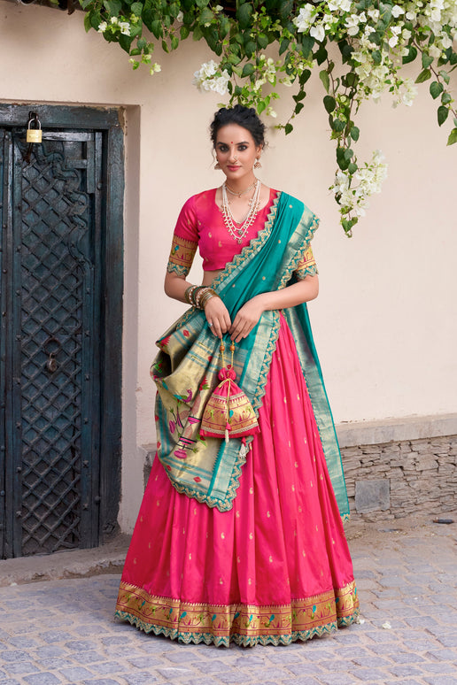 Lorenvalley Pink Jacquard Silk Paithani Zari Weaving Work With Sequins and Thread Embroidery Scallop Lace Border Lehenga Choli with Dupatta