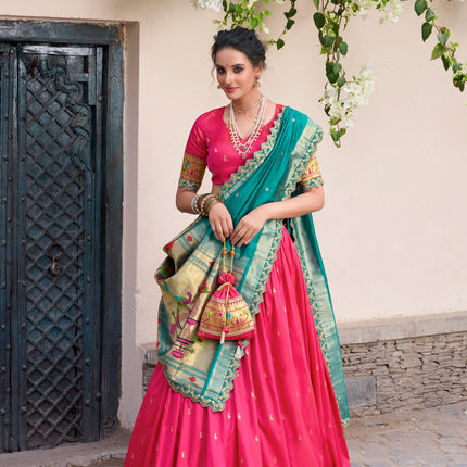 Lorenvalley Pink Jacquard Silk Paithani Zari Weaving Work With Sequins and Thread Embroidery Scallop Lace Border Lehenga Choli with Dupatta