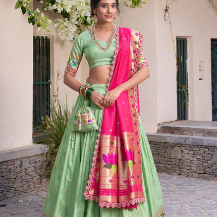 Lorenvalley Pista Jacquard Silk Paithani Zari Weaving Work With Sequins and Thread Embroidery Scallop Lace Border Lehenga Choli with Dupatta