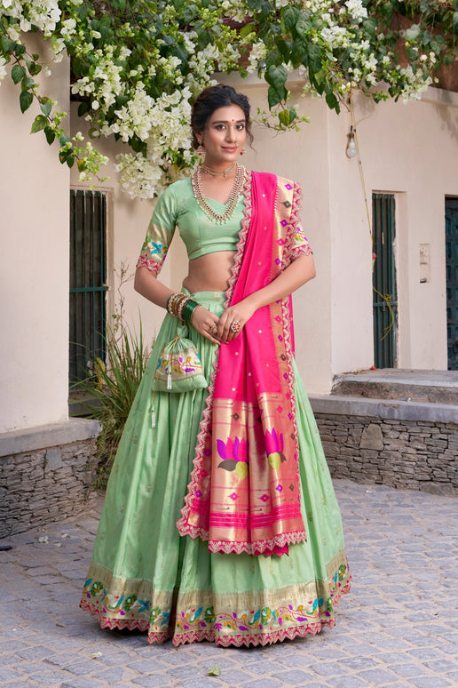 Lorenvalley Pista Jacquard Silk Paithani Zari Weaving Work With Sequins and Thread Embroidery Scallop Lace Border Lehenga Choli with Dupatta