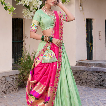 Lorenvalley Pista Jacquard Silk Paithani Zari Weaving Work With Sequins and Thread Embroidery Scallop Lace Border Lehenga Choli with Dupatta